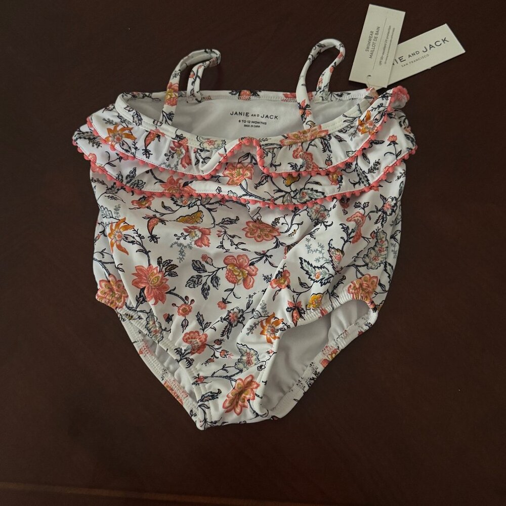 New Janie and Jack White Floral Ruffle One Piece Swimsuit Size 6 to 12 months